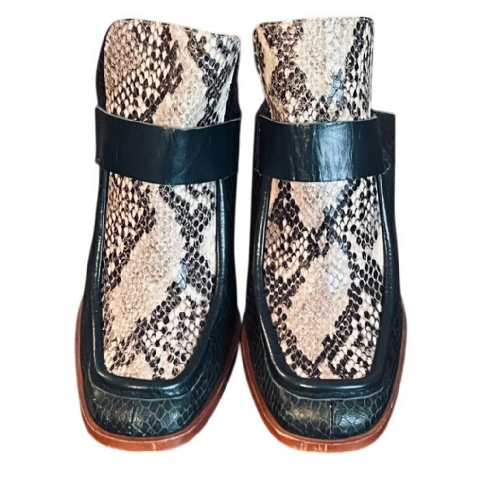 Zara Dark Green Leather & Snake-Print Block Heel Mules - Picture 3 of 11